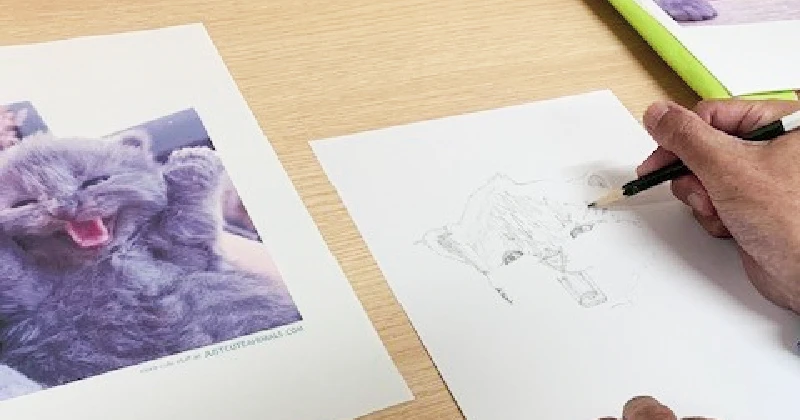 猫のイラスト制作に挑戦する利用者さん—就労継続支援A型事業所のスキルアップ風景