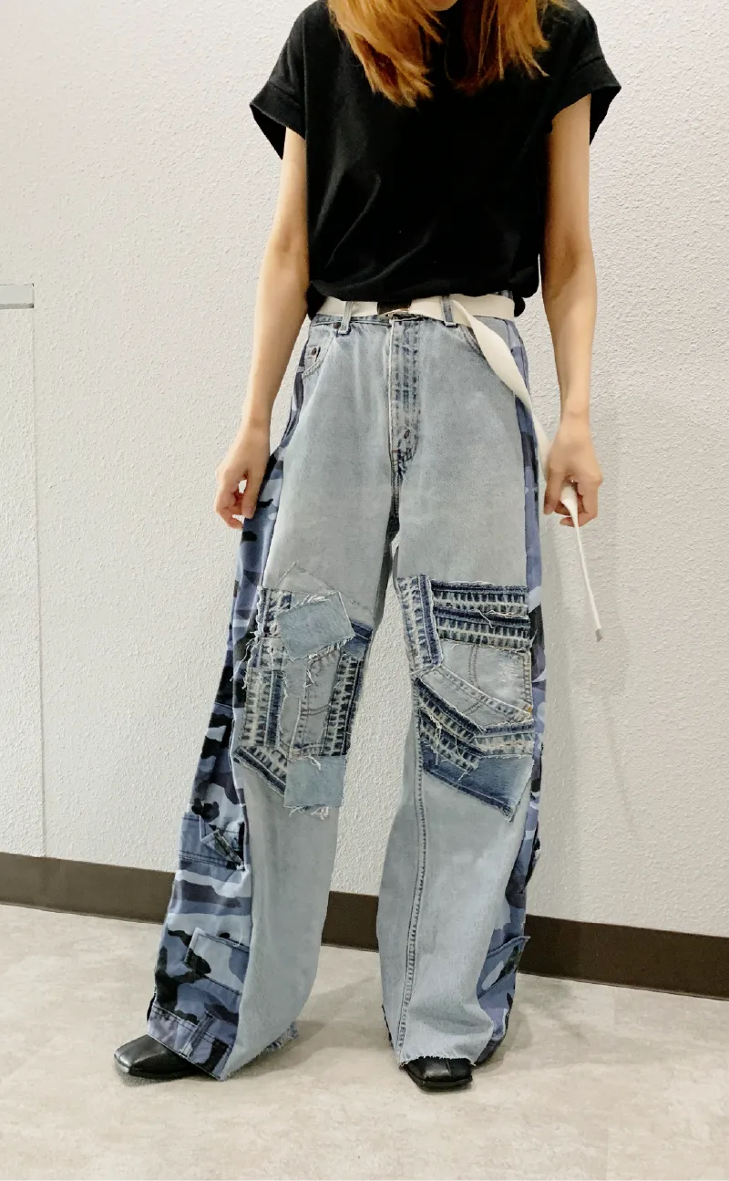 完成したリメイクデニムの正面全体像。
