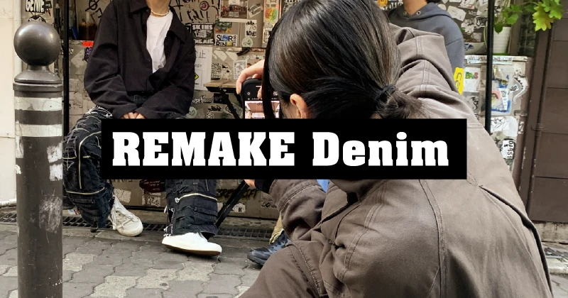 堀江のストリートでリメイクデニム撮影中の利用者さんと職員