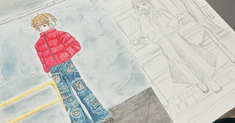リメイクデニムを試着したキャラクターを色鉛筆で描いたファインアート作品