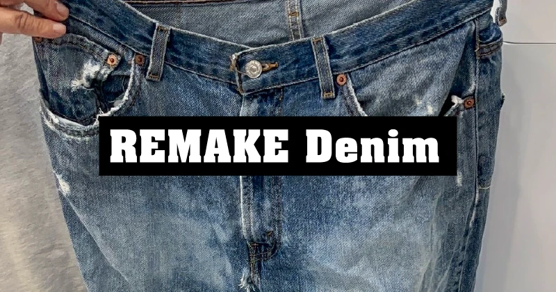 就労継続支援A型事業所で制作された、漂白によって色を抜いたリメイクデニムの1本。