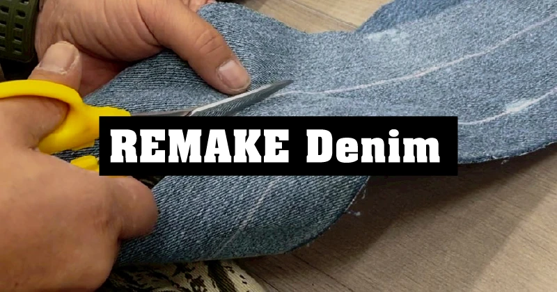 リメイクデニム制作の現場、カット作業中の利用者さん