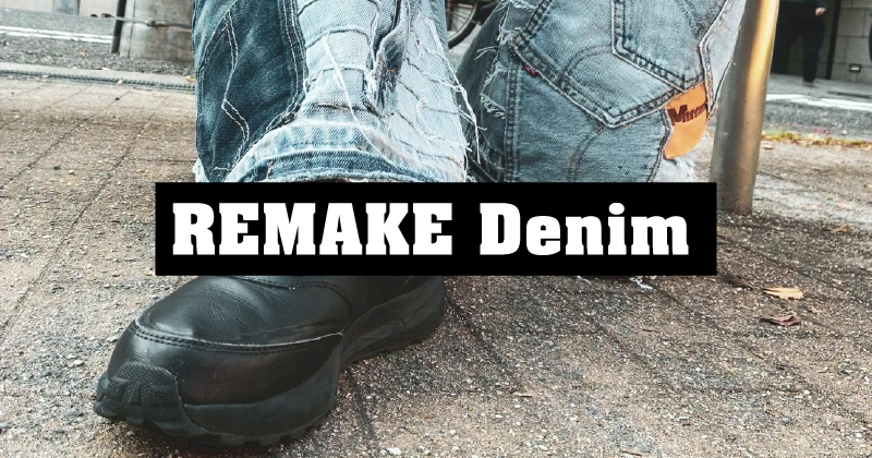 大阪・堀江でリメイクデニムを着用して撮影する様子を捉えた写真。就労継続支援A型事業所のものづくりを街で発信するためのロケーション撮影のシーン。